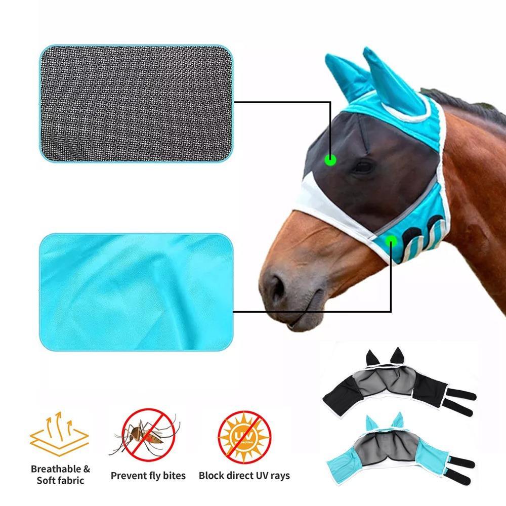 a horse wearing a fly mask