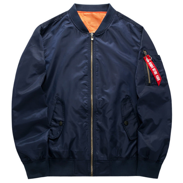 a blue jacket with a red label