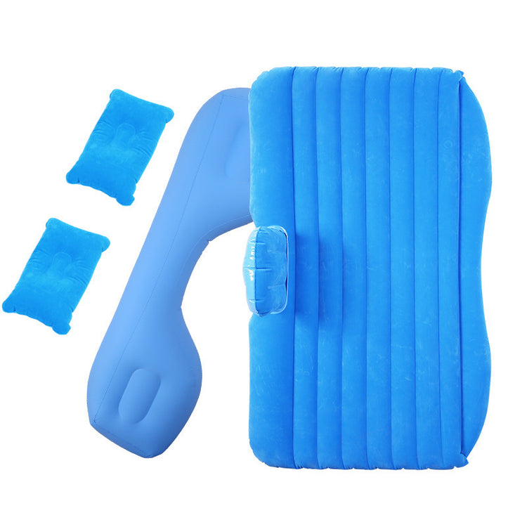 a blue inflatable mattress and a neck pillow