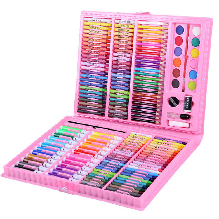 a pink box with a variety of colored pens