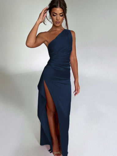 a woman in a blue dress