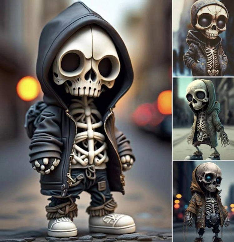a toy skeleton in a hoodie