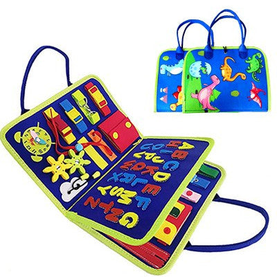 a blue and green bag with different shapes and colors