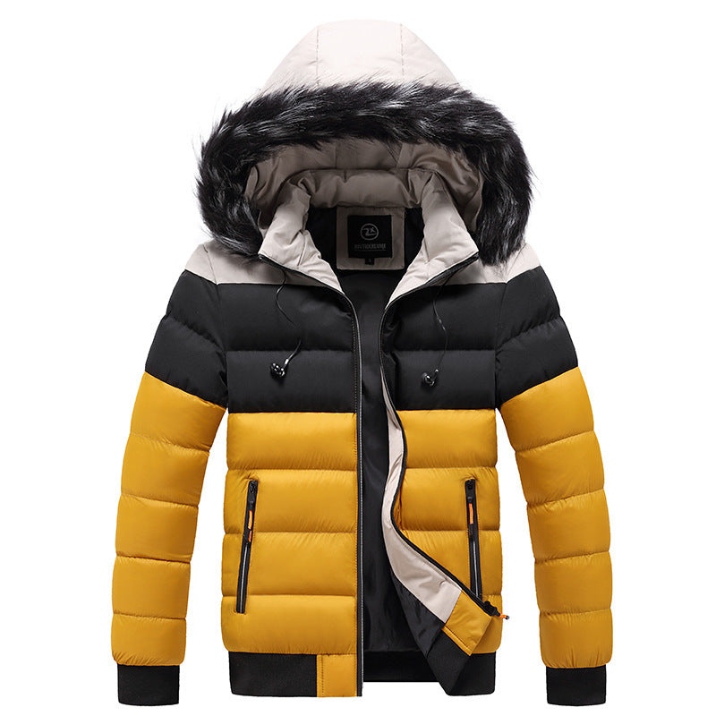 a yellow and black coat with a fur hood