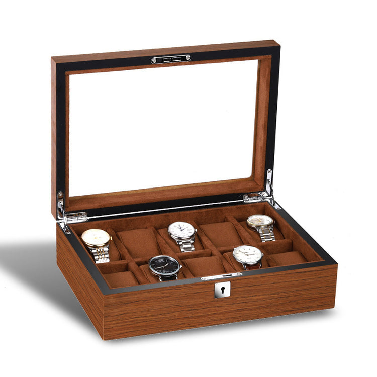 a wooden box with watches inside