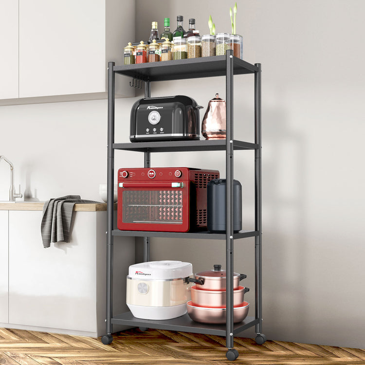 a metal shelving unit with different appliances on top