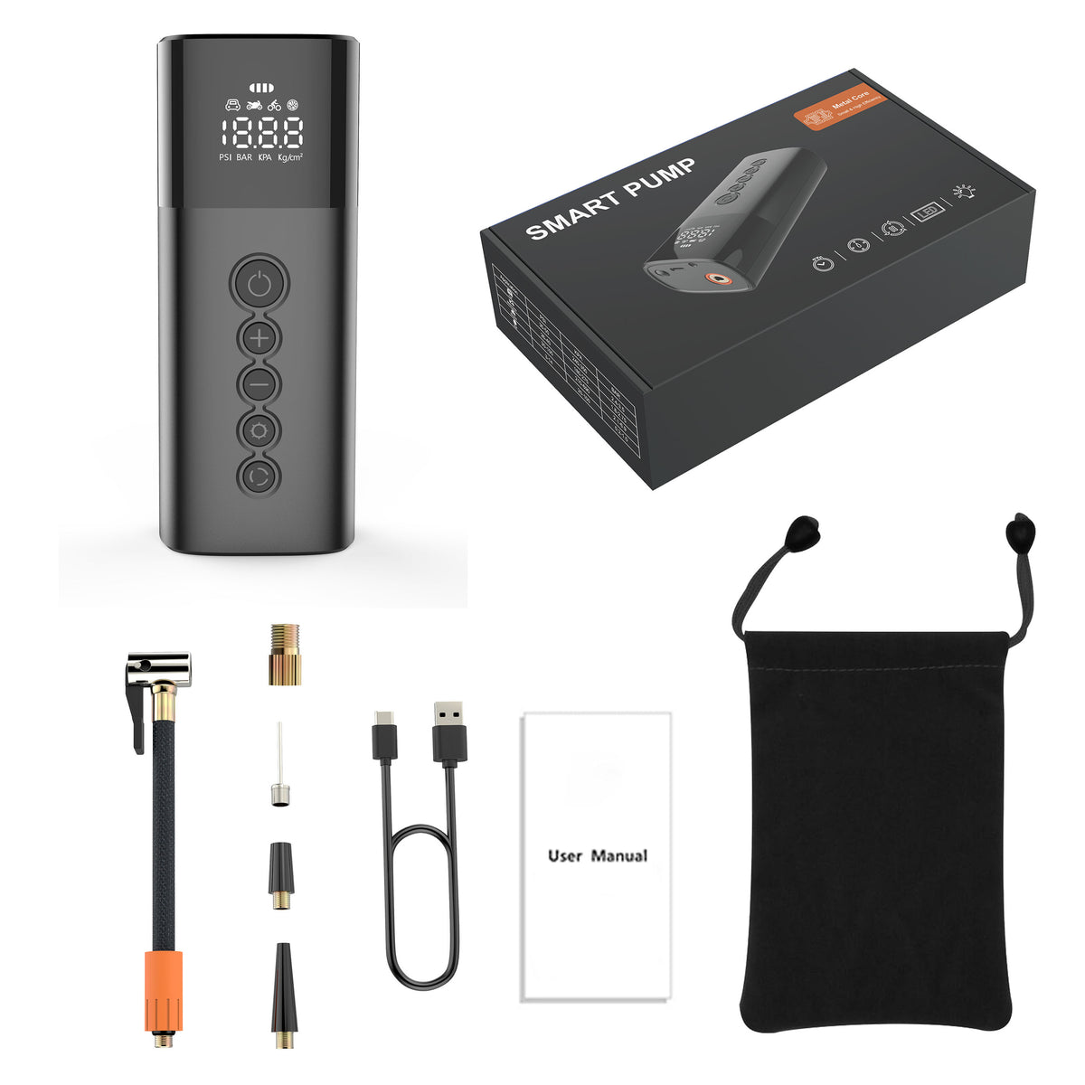 a black device with a box and accessories