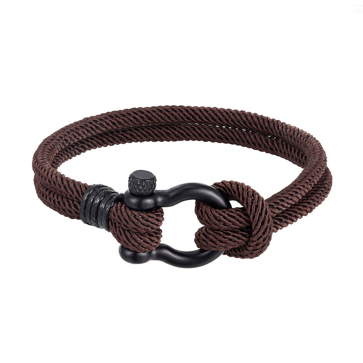 a brown rope bracelet with a black metal clasp