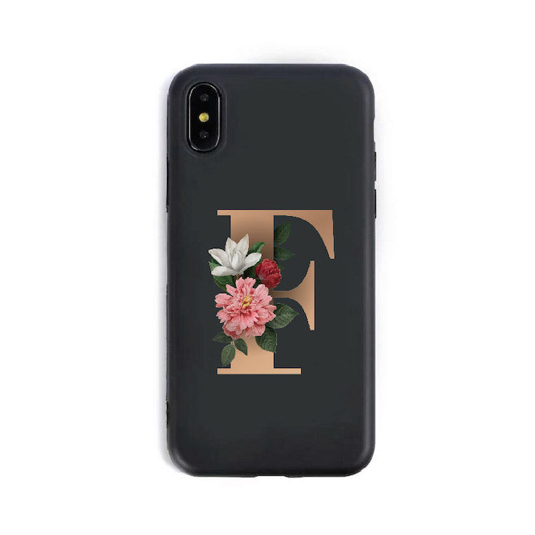 a black phone case with a letter on it