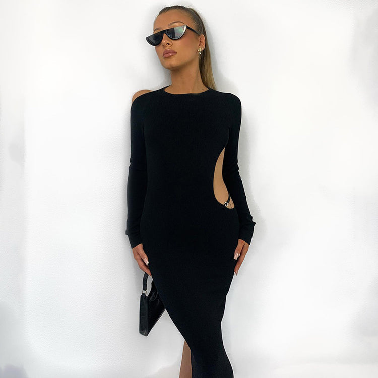 a woman in a black dress