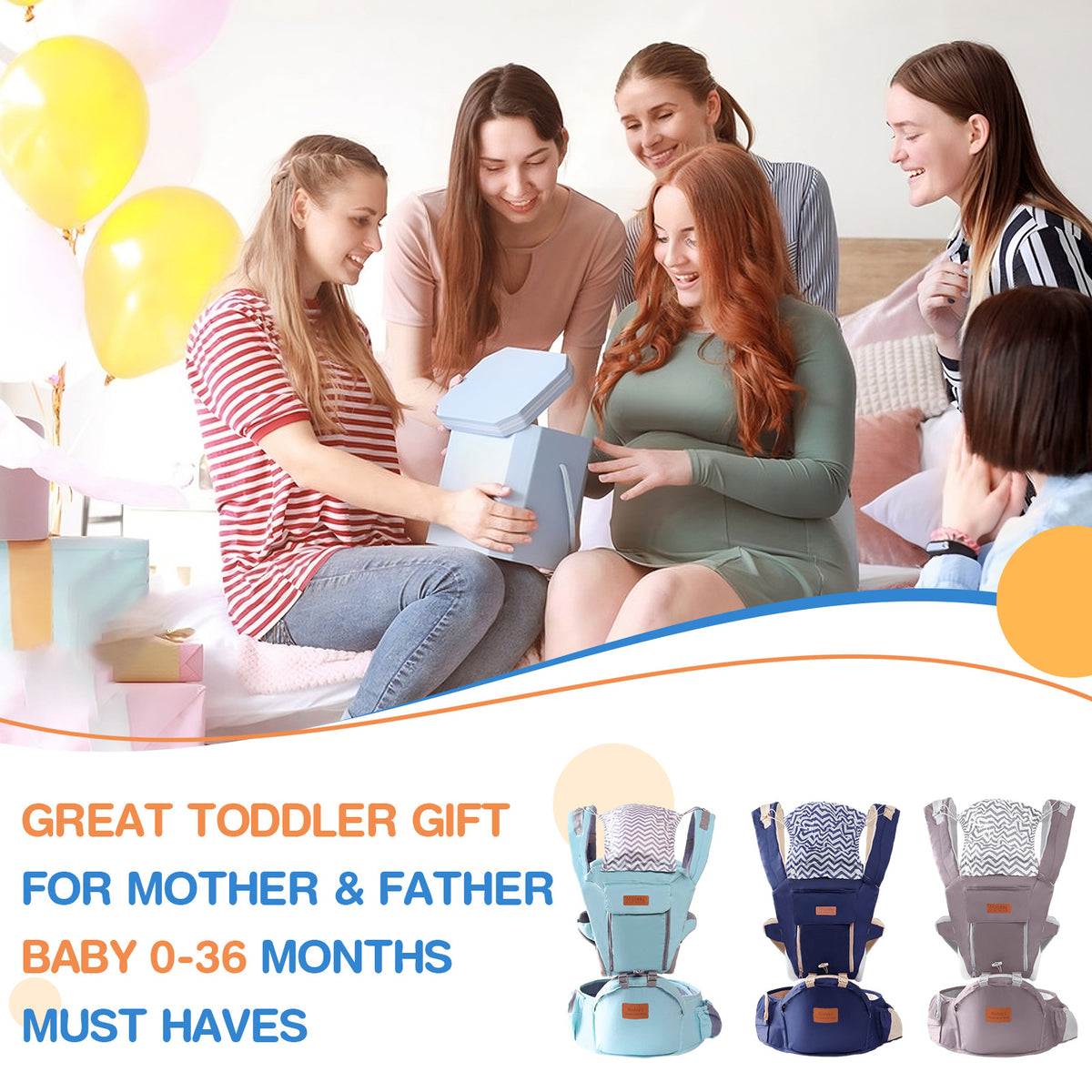 a group of women sitting on a bed with a baby in a baby carrier