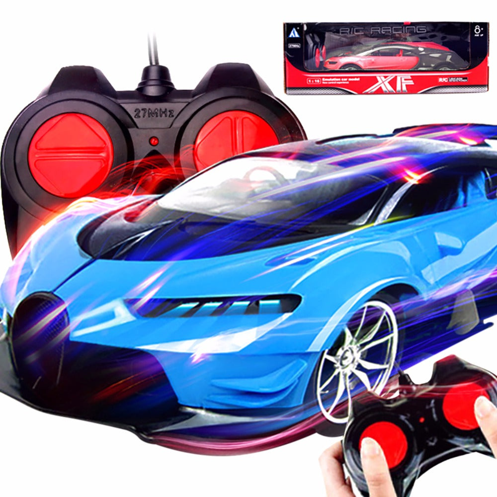 a blue toy car with red and black remote controls
