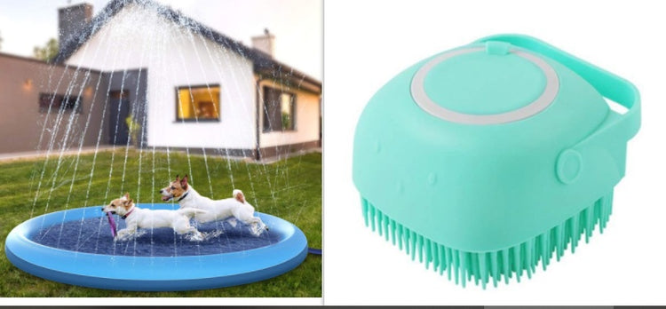a dog in a pool with a brush