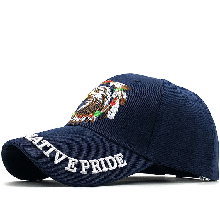 a blue hat with a white text on it