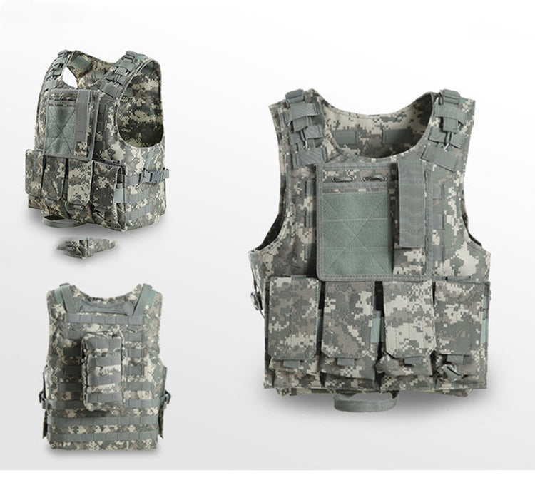 a group of camouflage vests
