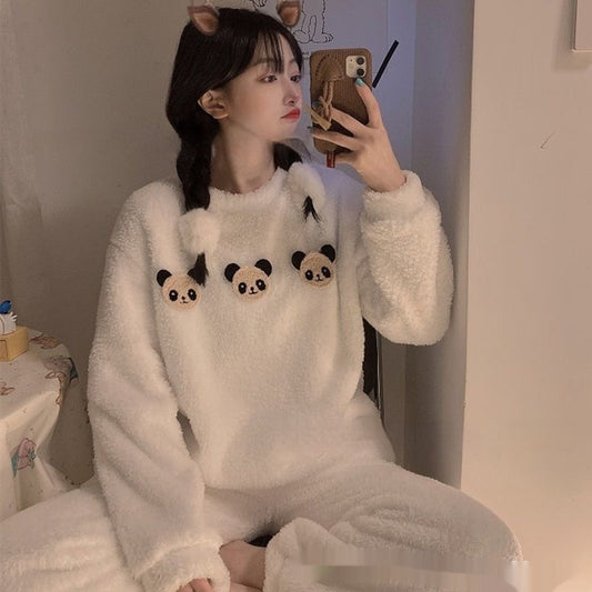Women's Round Neck Cute Fleece-lined Thickened Pajamas