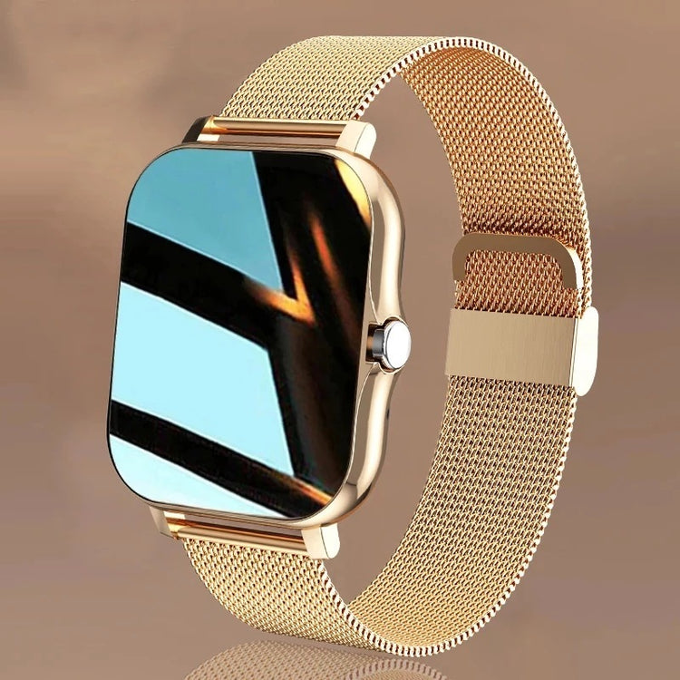 a gold watch with a square screen