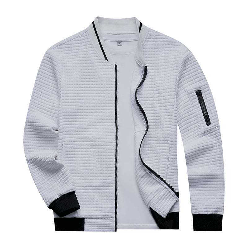 a white jacket with black zipper
