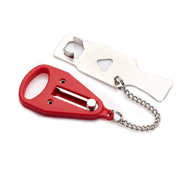 a red and silver bottle opener