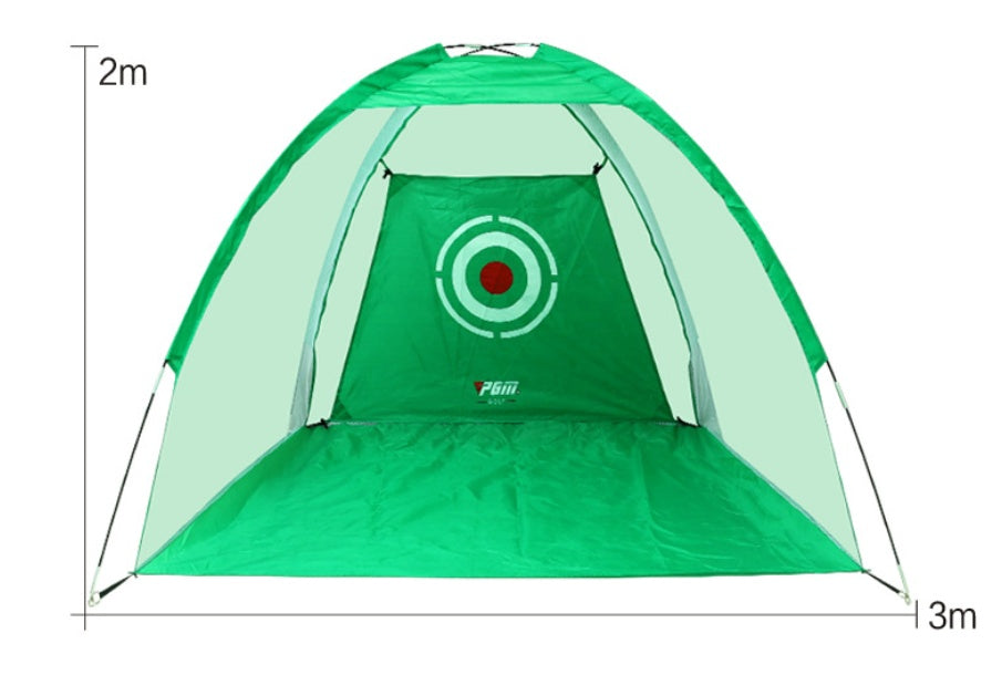 a green tent with a red center