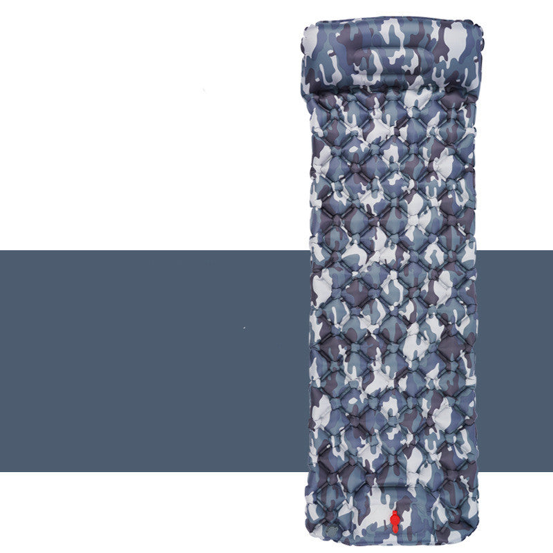 a grey and white camouflage camping mattress