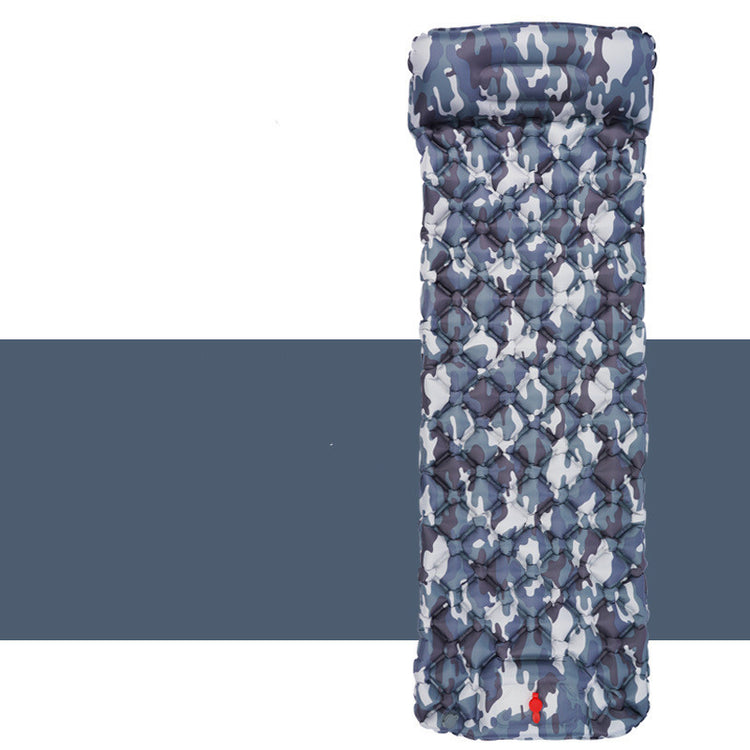 a grey and white camouflage camping mattress