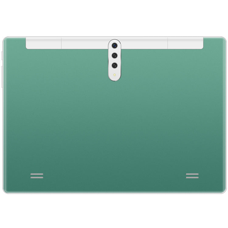 a rectangular green tablet with a camera