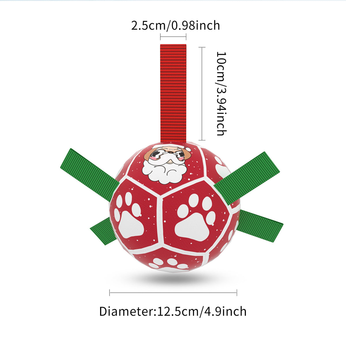 a red ball with white paw prints and green straps