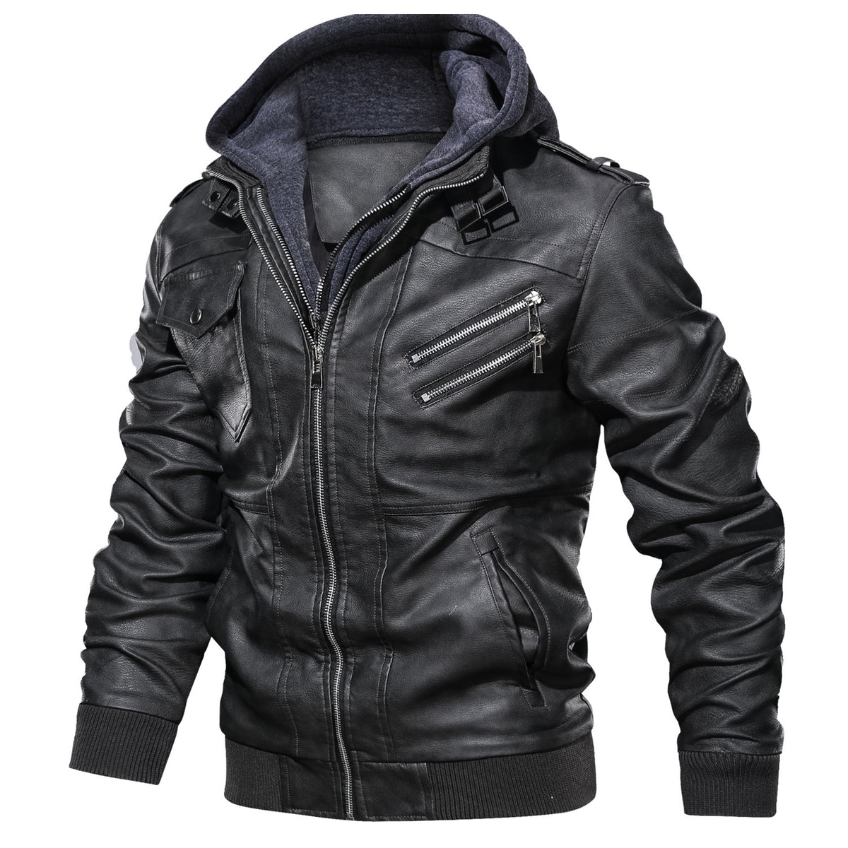 a black leather jacket with zippers