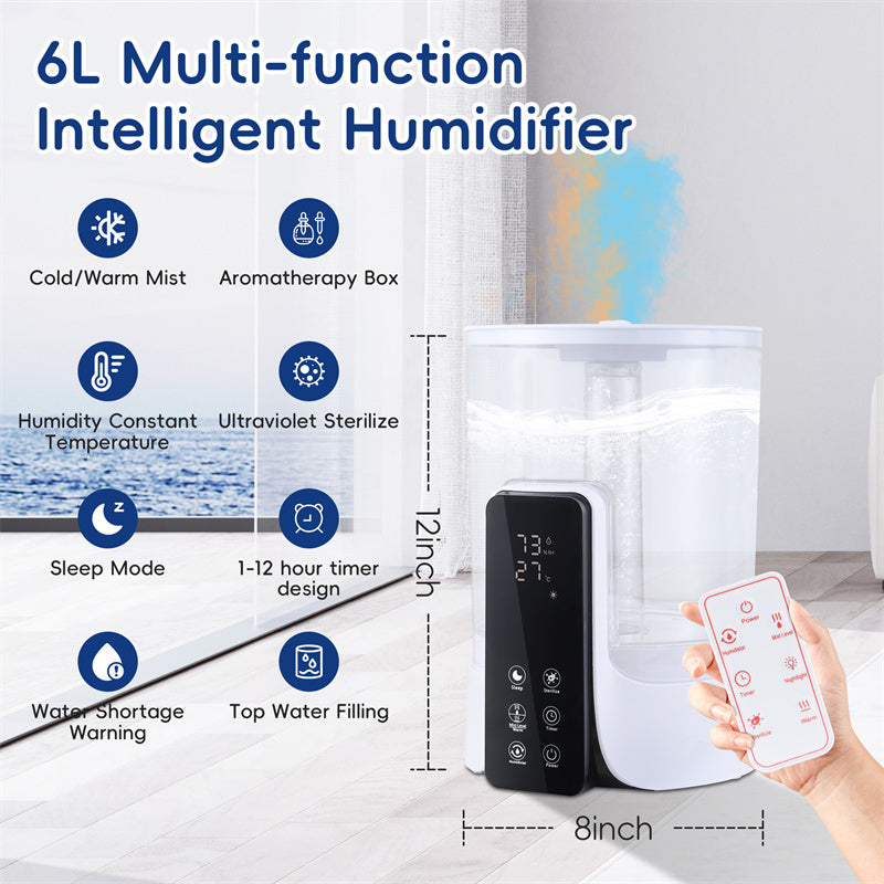 a hand holding a remote control over a humidifier