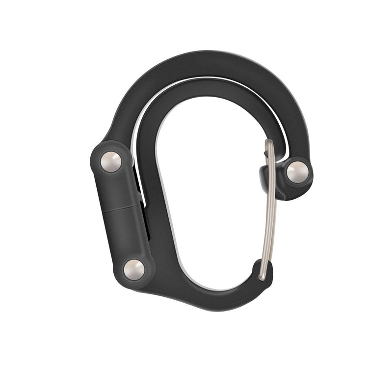 a black carabiner with silver screws