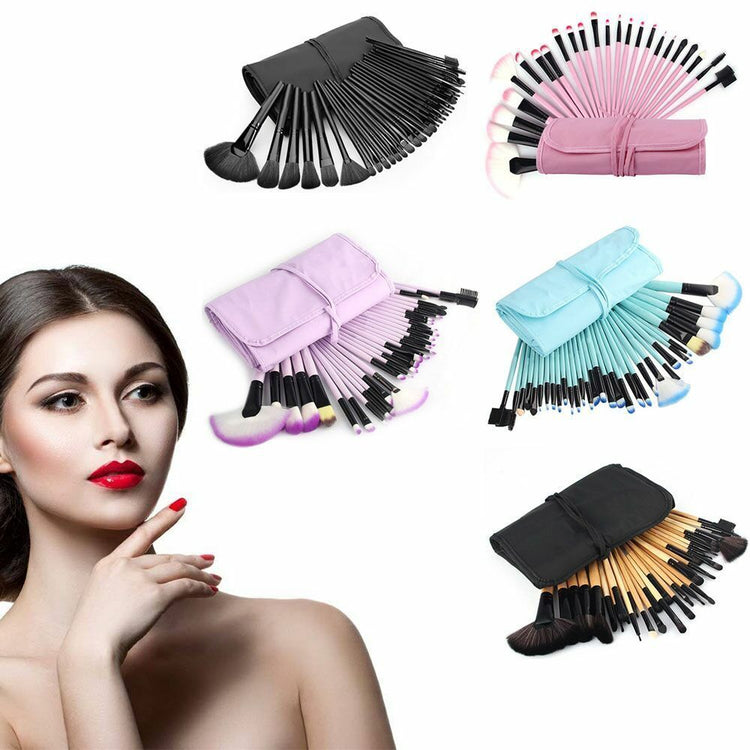a woman with makeup brushes