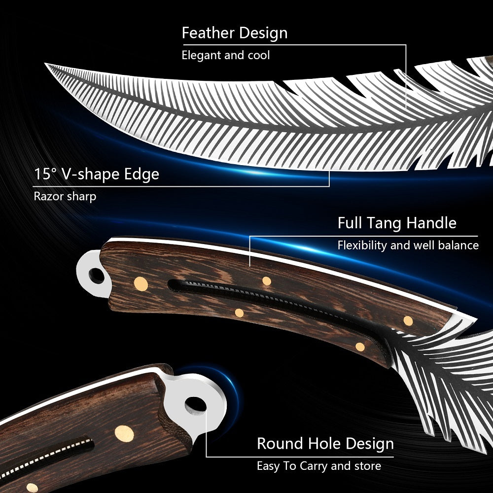 a feather knife with a wooden handle