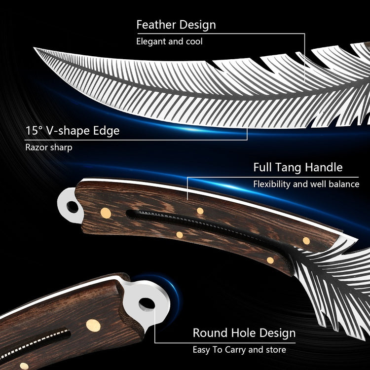 a feather knife with a wooden handle