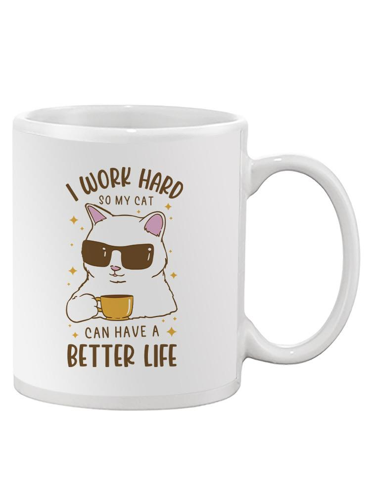 a white mug with a cat wearing sunglasses
