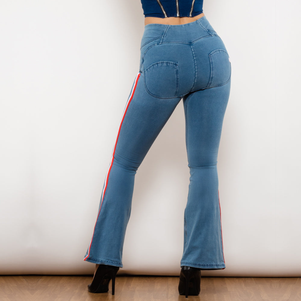 Shascullfites Melody Light Blue Flare Jeans Stretch Skinny Ripped Jeans With White&Red Stripe Side Scrunch Bum Pants