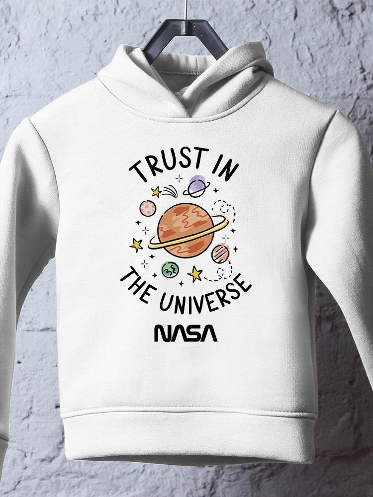 a white hoodie with a cartoon planet and text