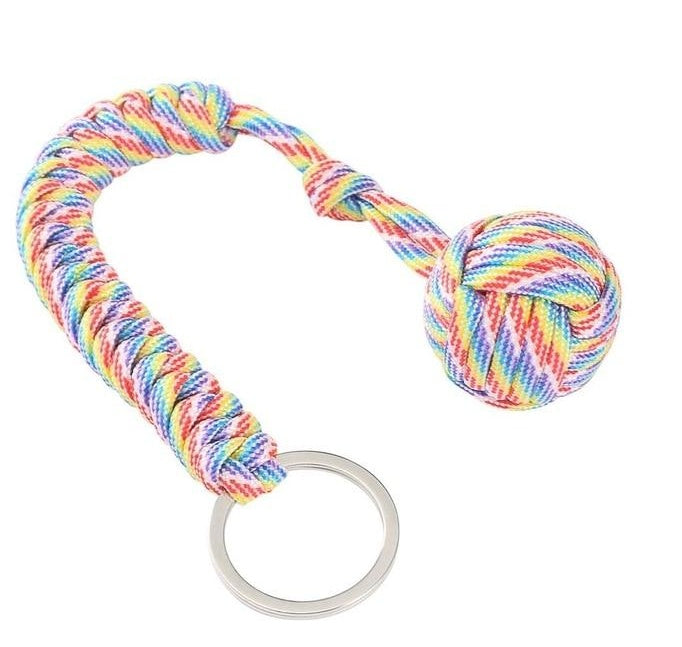 a colorful rope keychain with a ball
