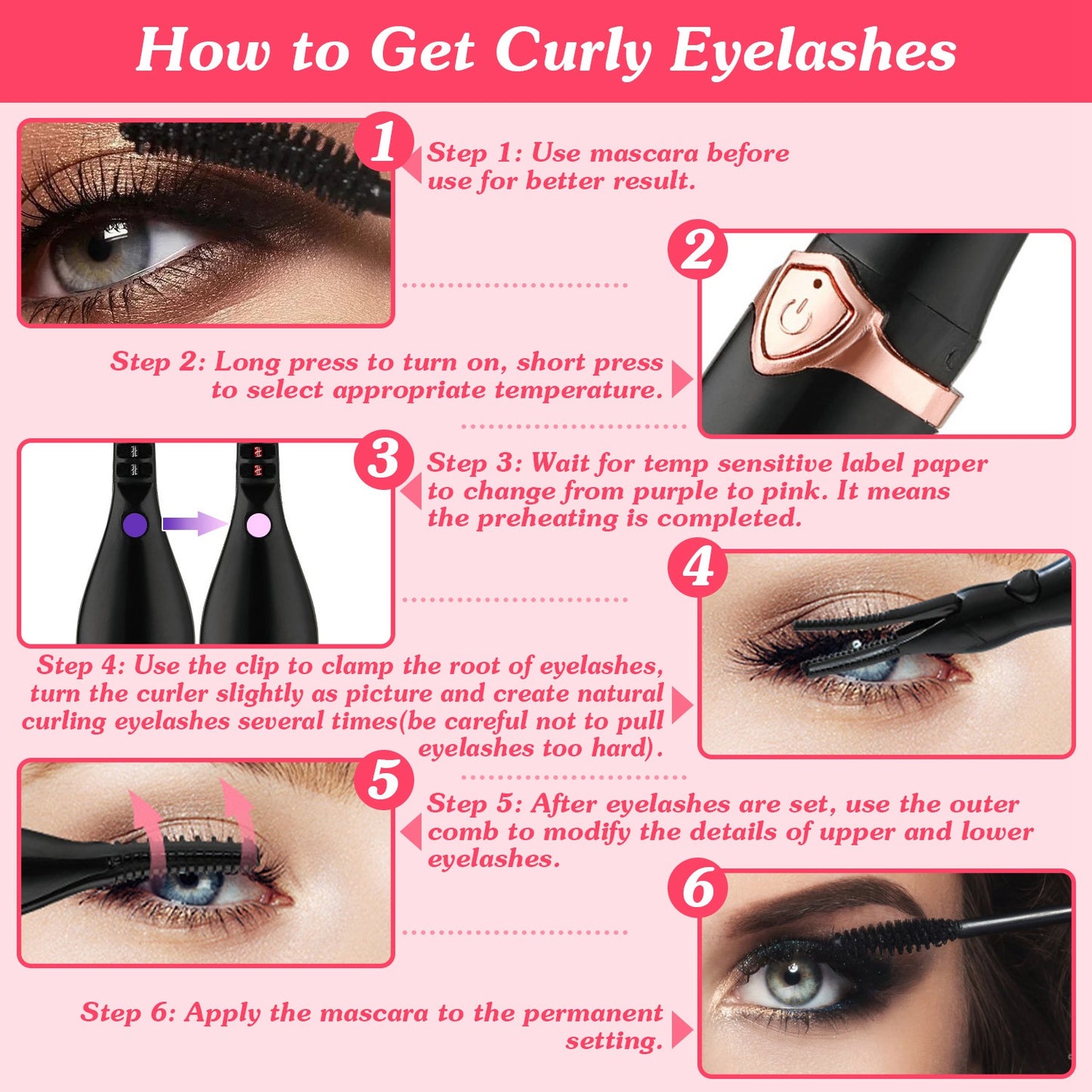 1Pc 2 In 1 Clip Comb Heated Eyelash Curler Electric Mini Lash Curler Natural Eye Lash Makeup Tool With 3 Temp Settings 15Mins Shutdown