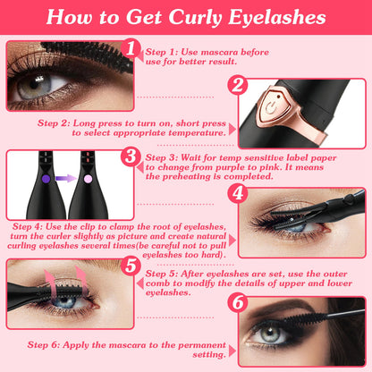 1Pc 2 In 1 Clip Comb Heated Eyelash Curler Electric Mini Lash Curler Natural Eye Lash Makeup Tool With 3 Temp Settings 15Mins Shutdown