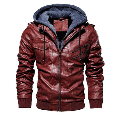 Men Hooded Leather Jacket Thick Motorcycle Windproof Male Casual Winter PU Jacket