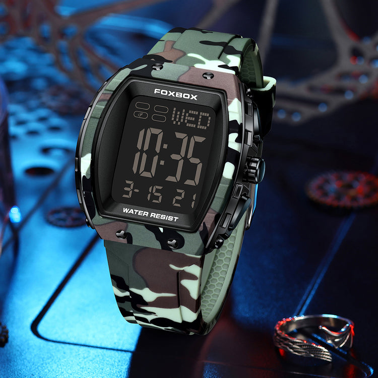 a digital watch with a camouflage strap
