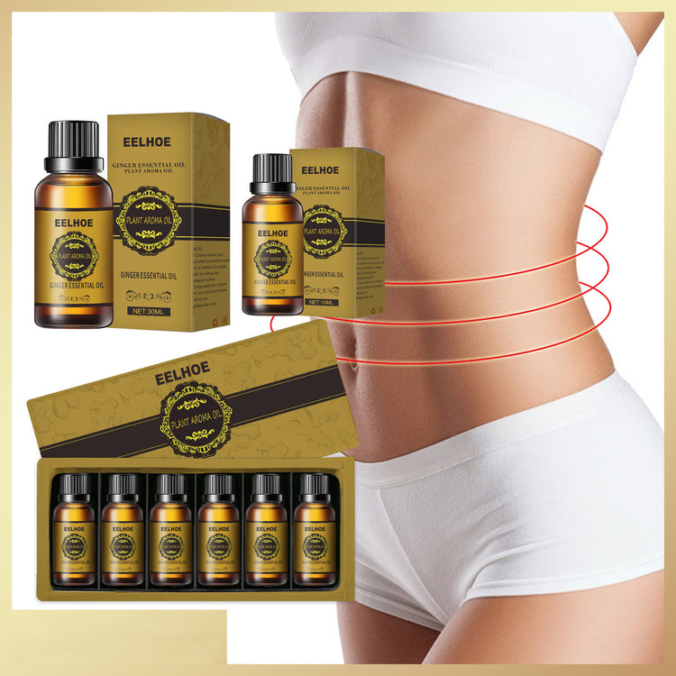 a woman's body with a variety of bottles of essential oils