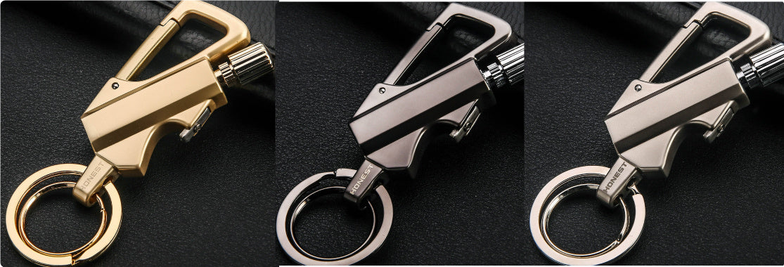 a keychain on a leather surface