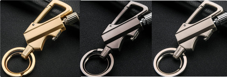 a keychain on a leather surface
