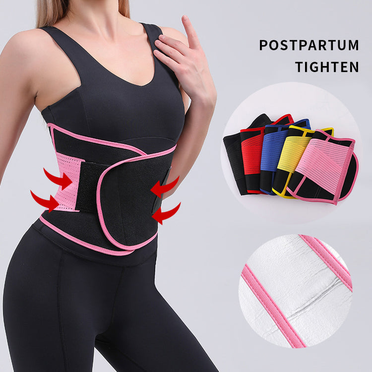 a woman wearing a black and pink waist belt