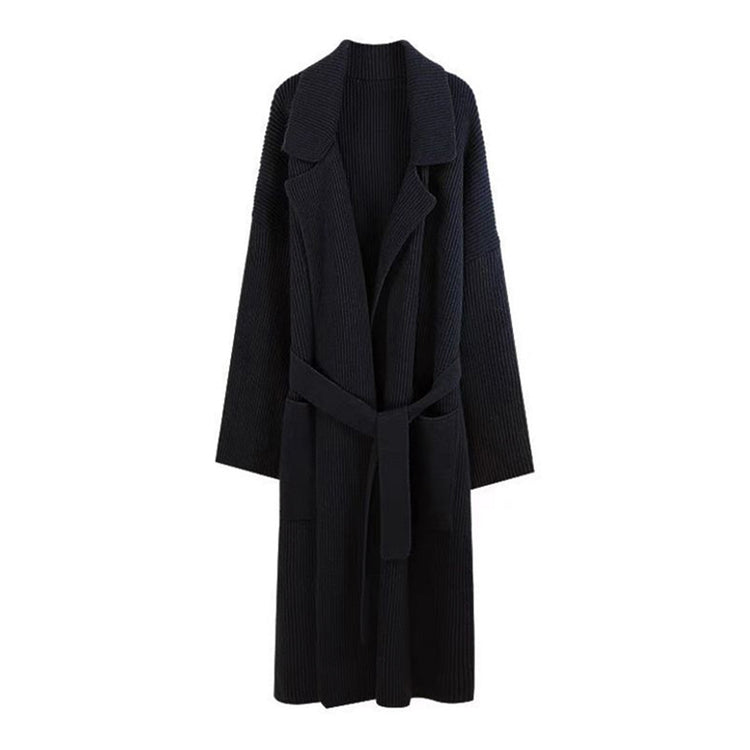 a long black coat with a belt