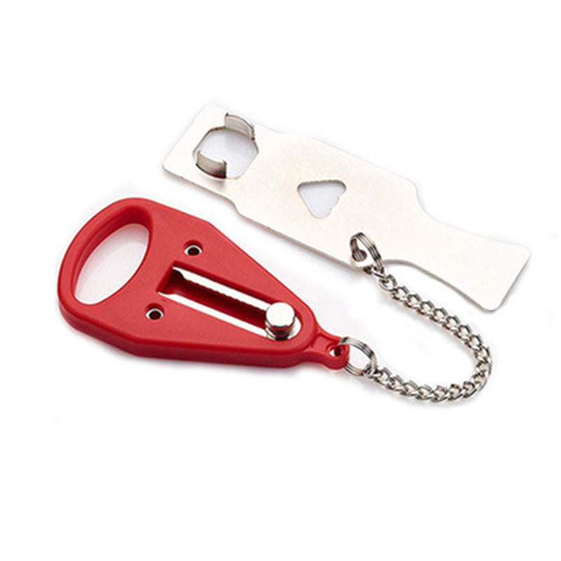 a red and silver bottle opener