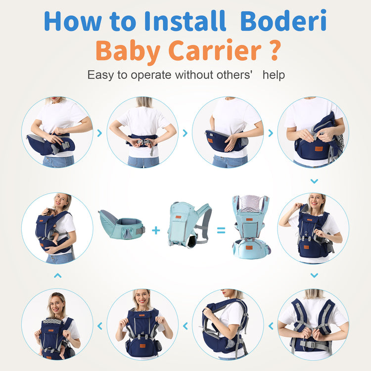 a collage of images of a woman in a baby carrier