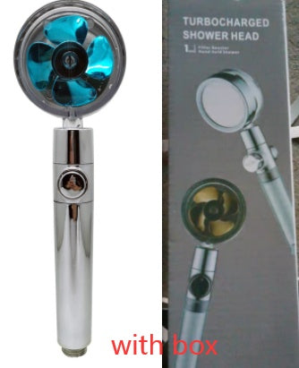 a shower head fan with a blue and silver fan